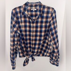 Madewell women’s cotton flannel tie front Blue‎ Shadow plaid shirt size LARGE